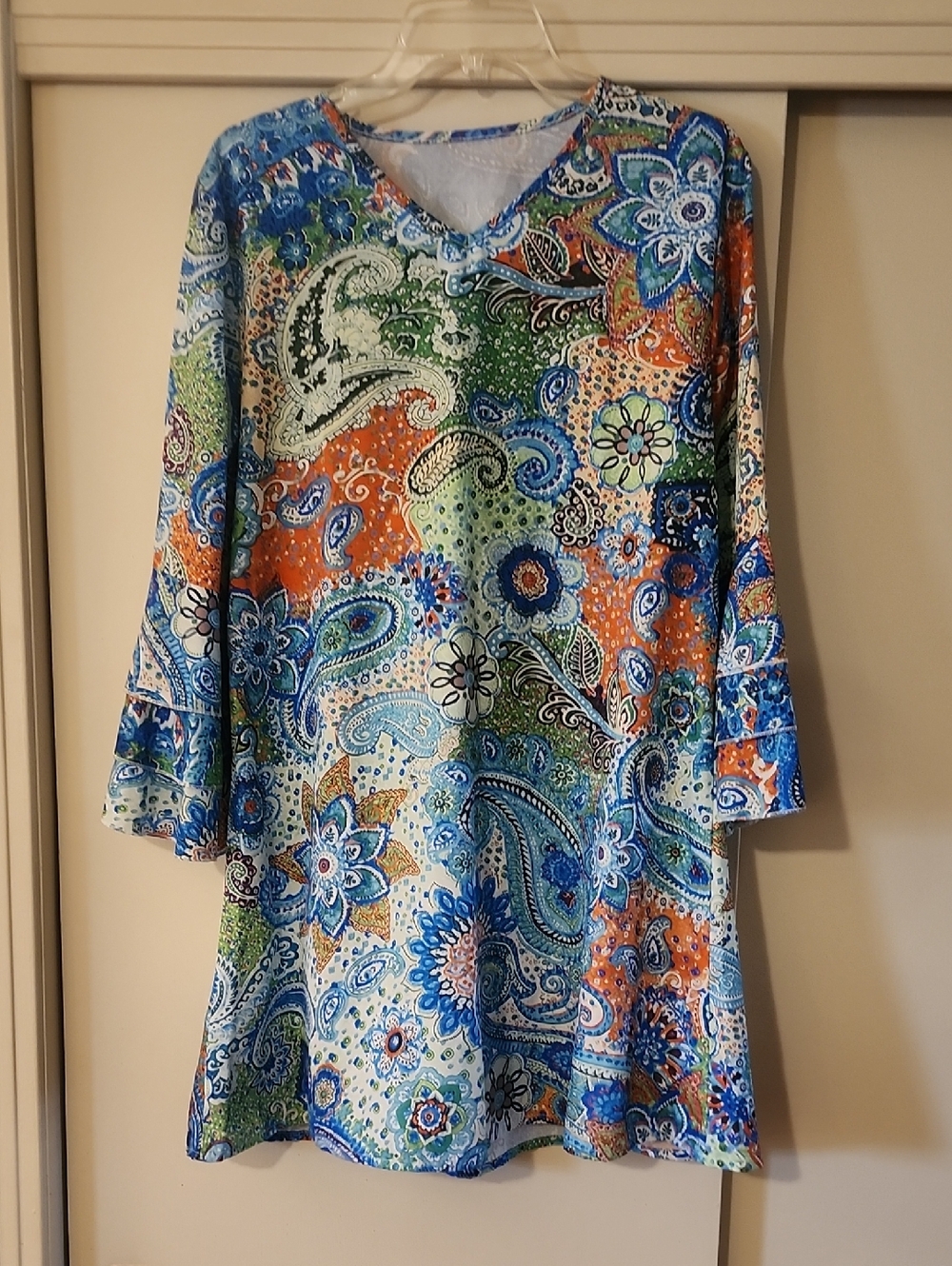 Vibrant Paisley V-Neck Women's Dress Tunic Top - Blue, Green & Orange